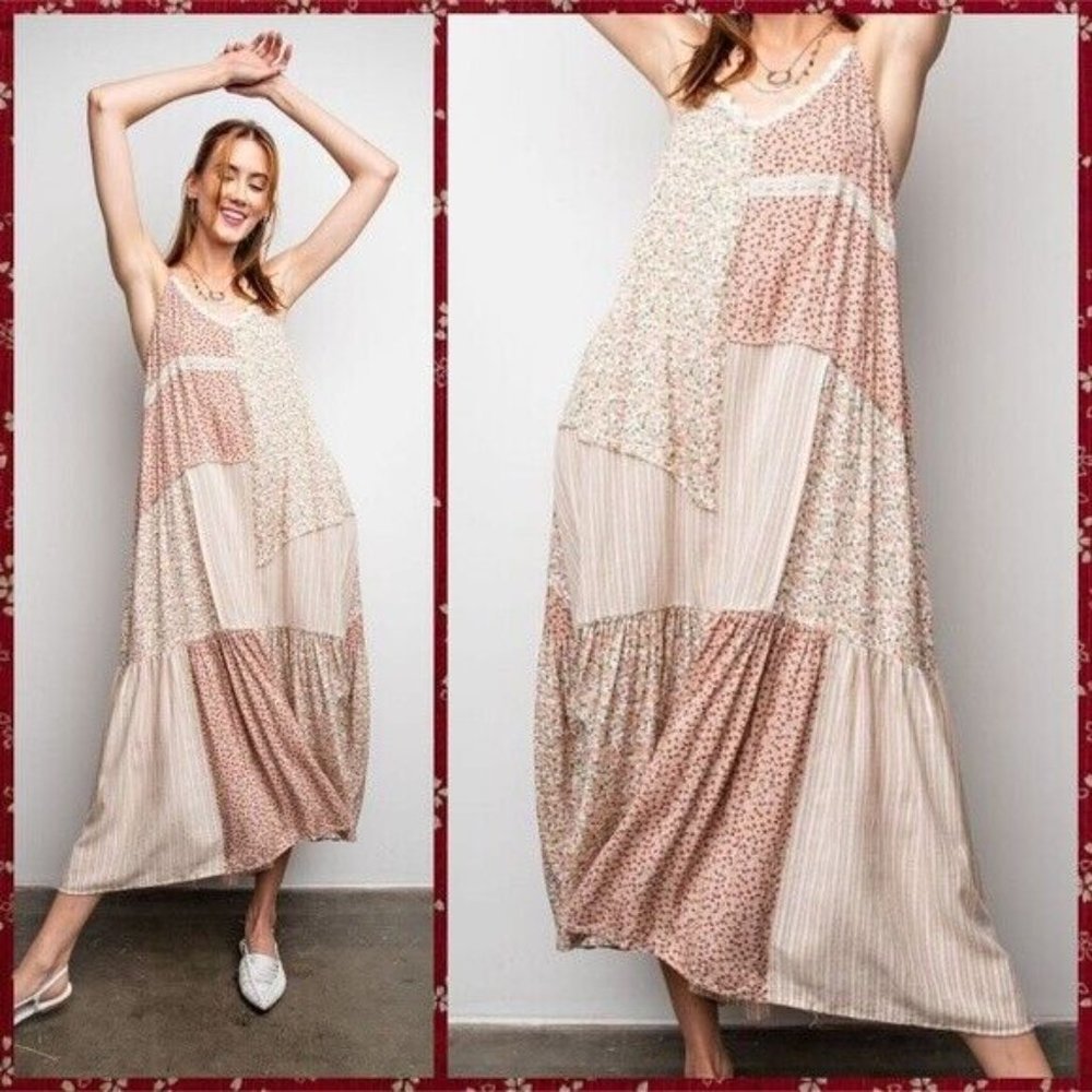 EASEL Mixed Print Adjustable Cross Straps Maxi Dress Lace Edges Relaxed & Flowy - Picture 9 of 15